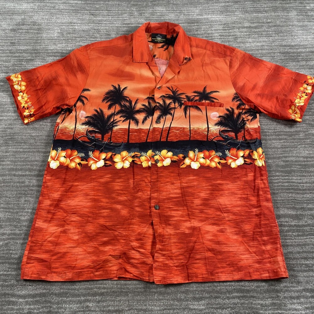 Royal Creations Hawaiian Shirt Mens XL Orange Aloha Sunset Palm Tree Hawaii